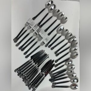 Gourmet Settings  37 Pc Avalon Barcelona 18/10 Stainless Black Hammered Flatware